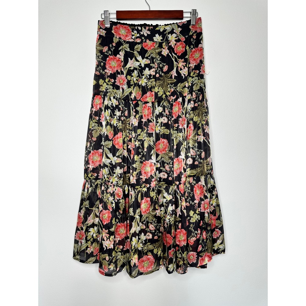 Lauren Conrad Tiered Maxi Skirt Elastic Waist Size S Floral Brown Pink Boho